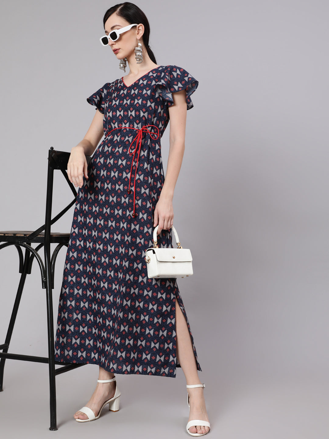 Blue & Maroon Printed Side Slit Maxi Dress - Elganza