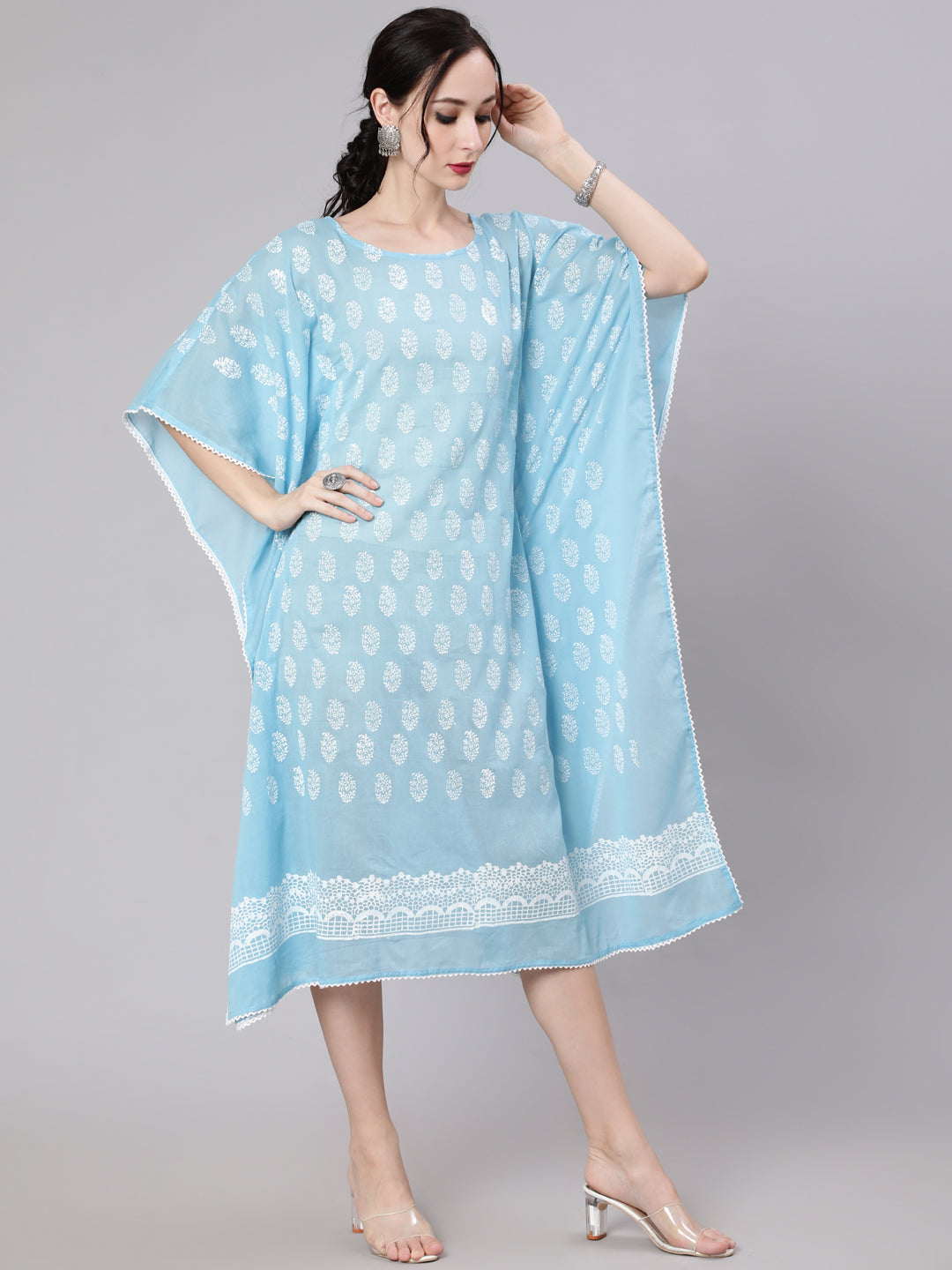 Blue Hand Block Print Kaftan Dress - Elganza