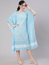 Blue Hand Block Print Kaftan Dress - Elganza