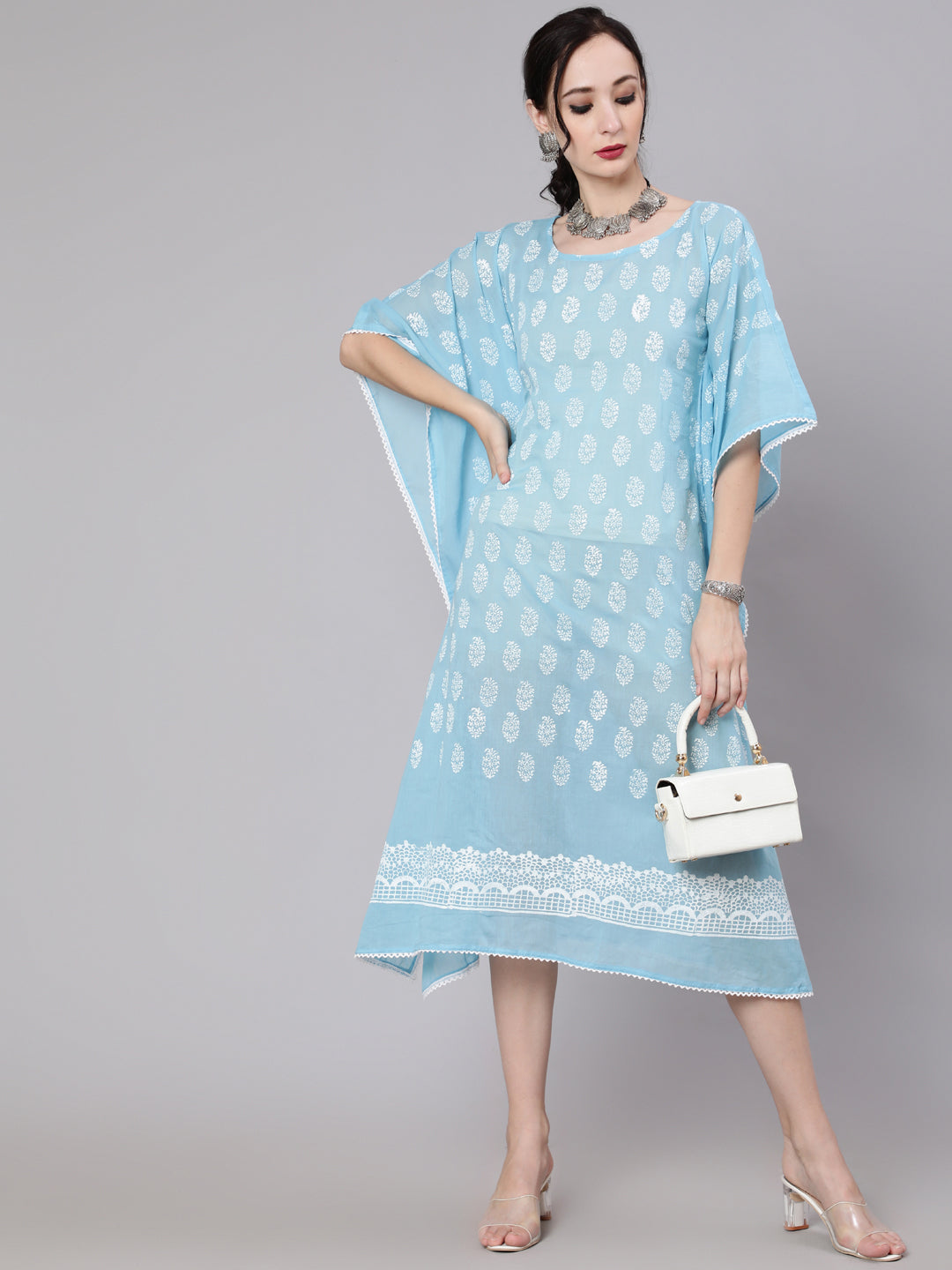 Blue Hand Block Print Kaftan Dress - Elganza