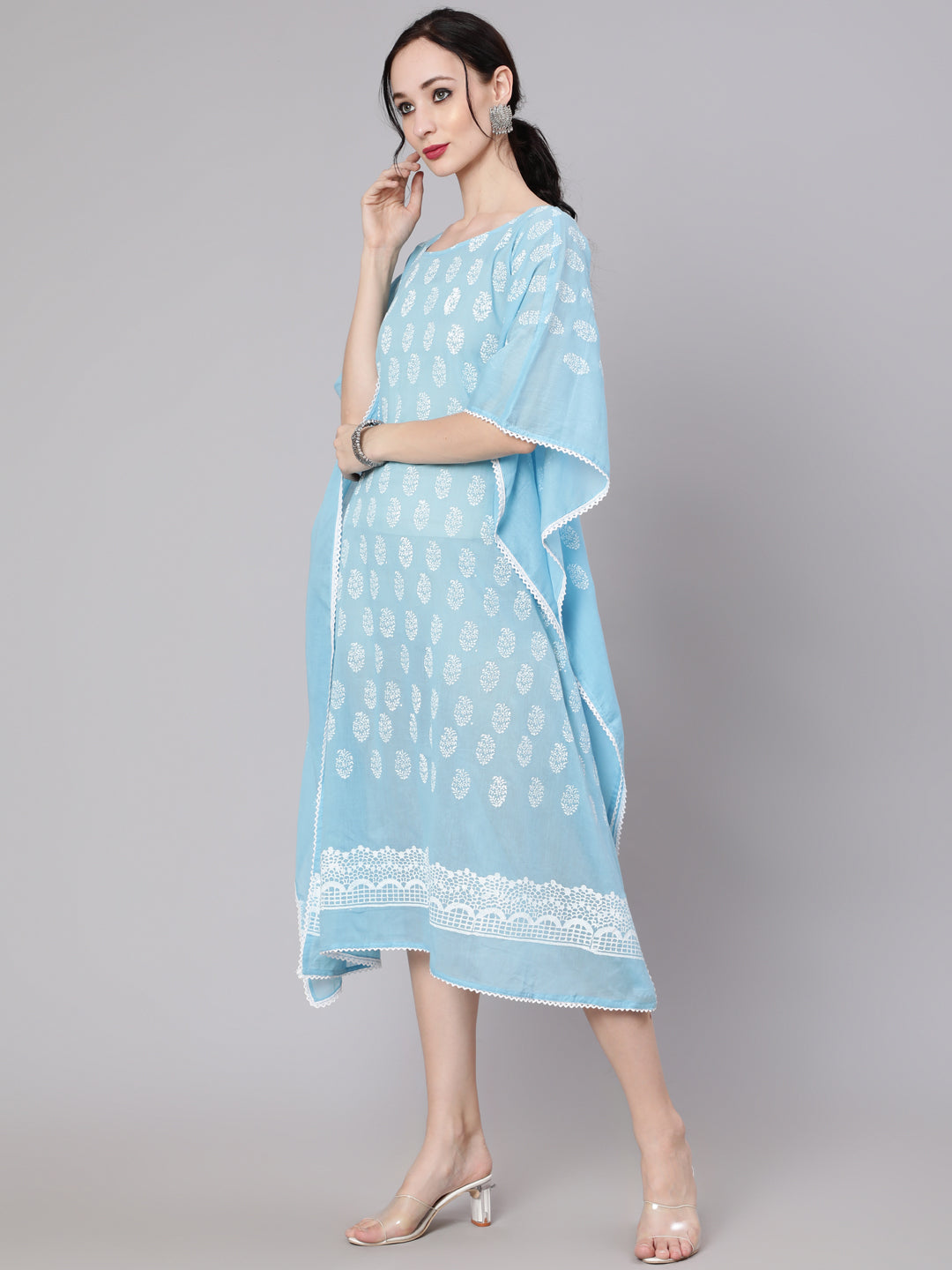 Blue Hand Block Print Kaftan Dress - Elganza