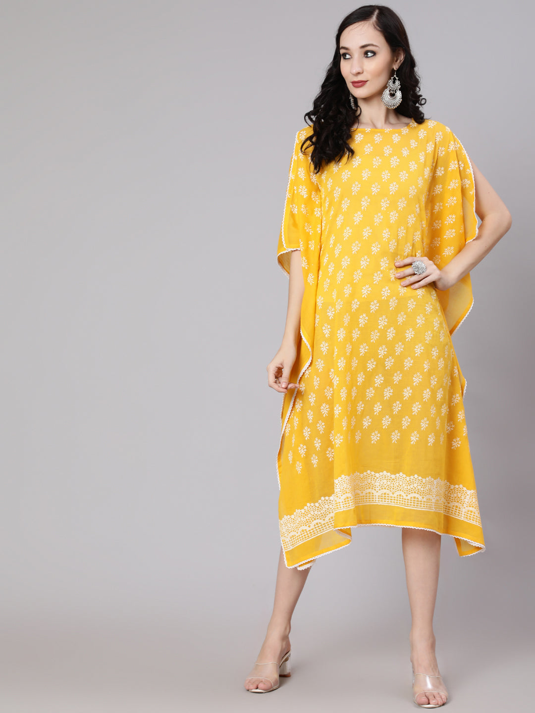Yellow Hand Block Printed Kaftan Dress - Elganza