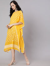 Yellow Hand Block Printed Kaftan Dress - Elganza