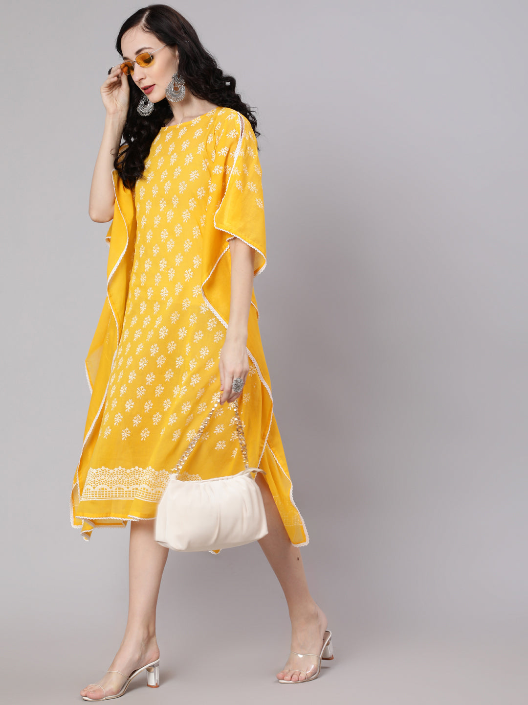 Yellow Hand Block Printed Kaftan Dress - Elganza