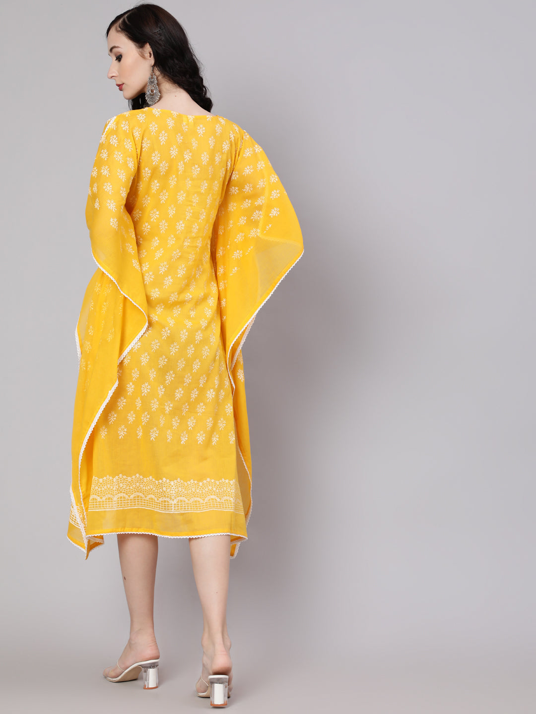 Yellow Hand Block Printed Kaftan Dress - Elganza