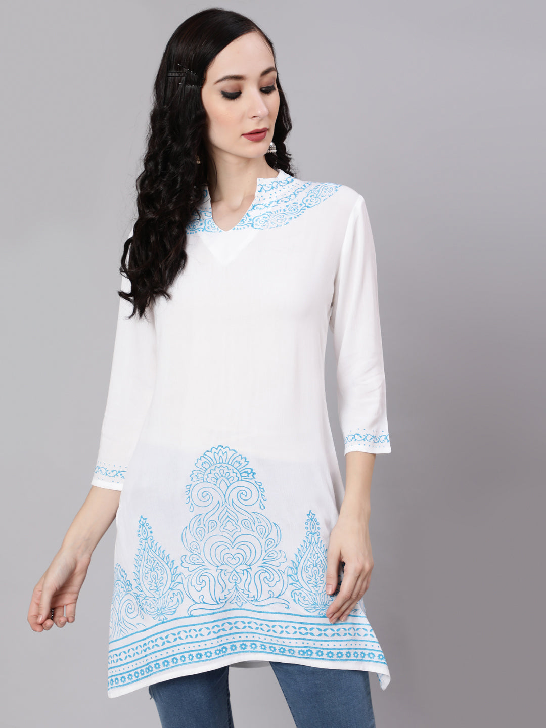 White Hand Block Print Tunic - Elganza