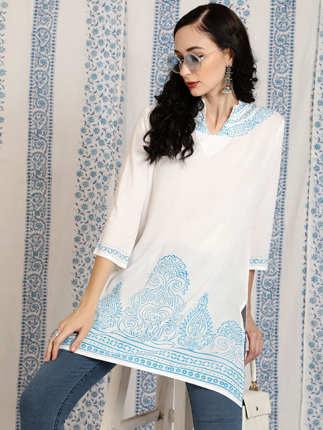 White Hand Block Print Tunic - Elganza