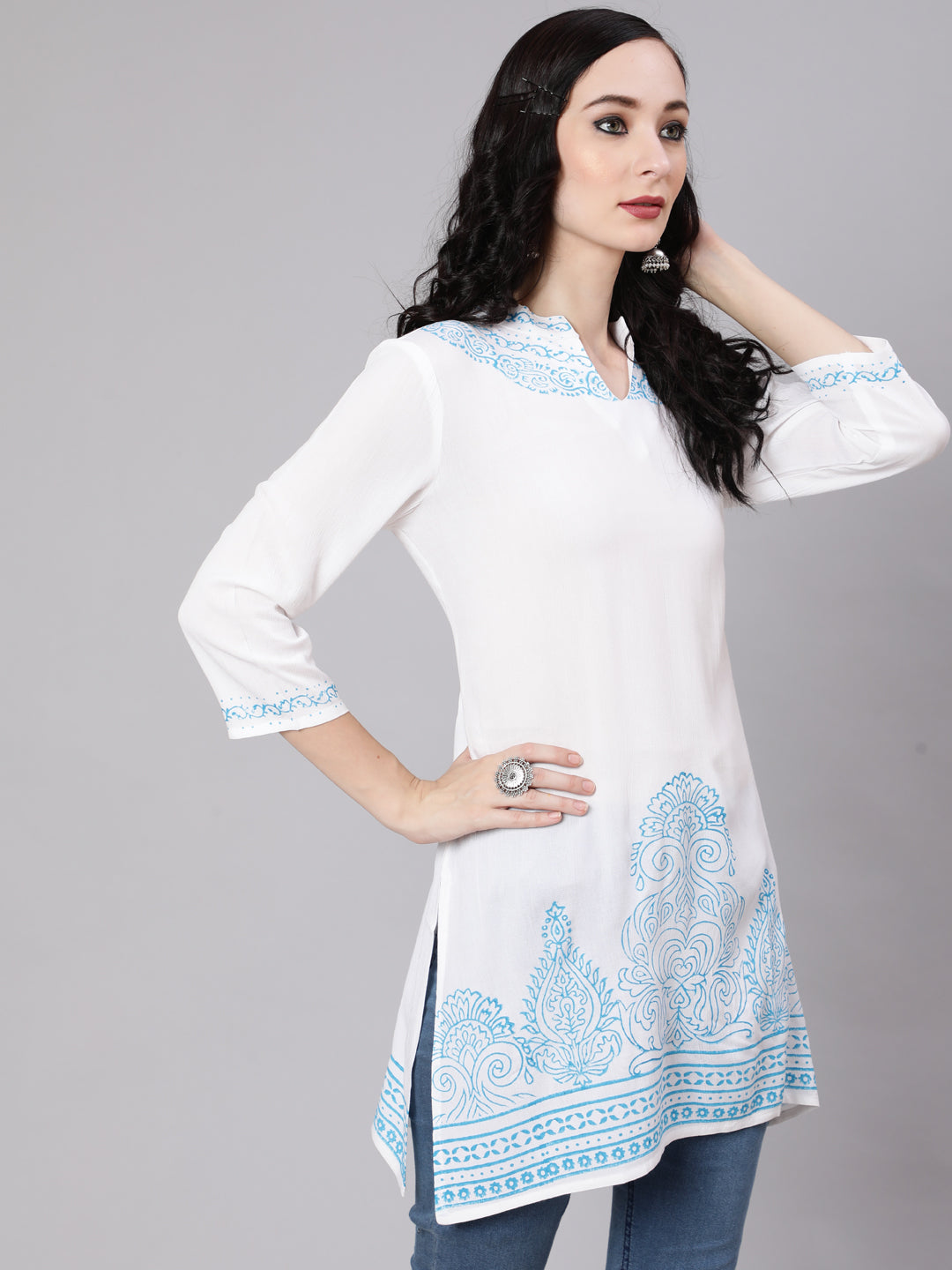 White Hand Block Print Tunic - Elganza