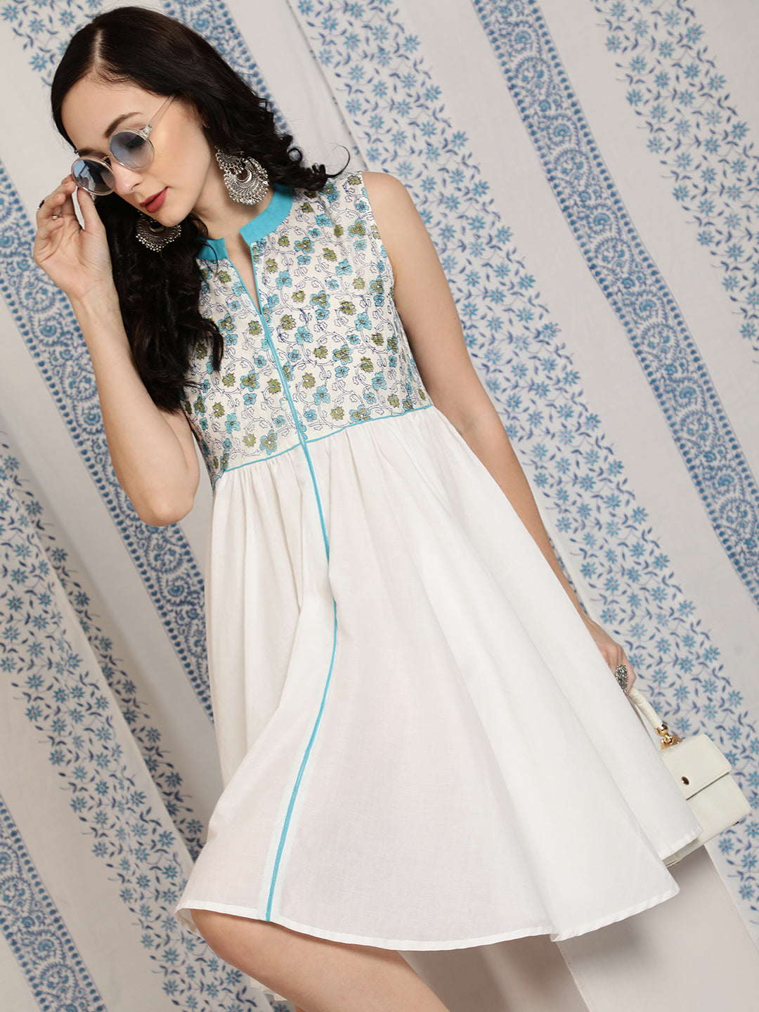 White & Blue Hand Block Print Short Dress - Elganza