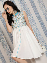 White & Blue Hand Block Print Short Dress - Elganza