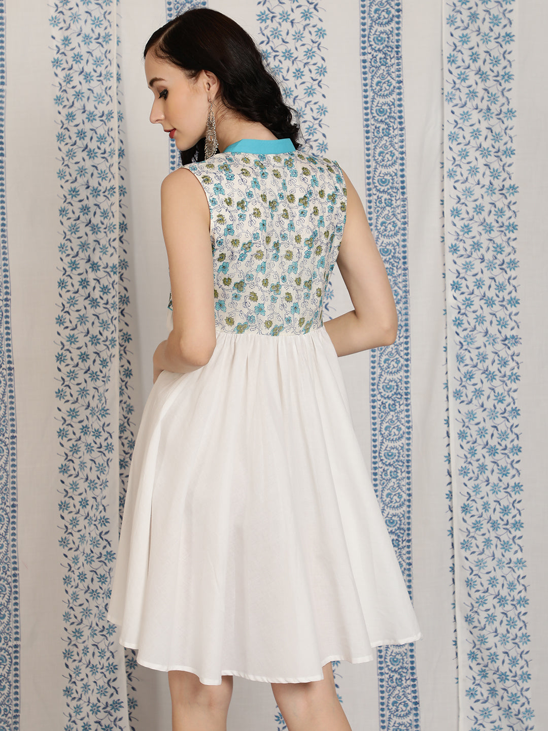 White & Blue Hand Block Print Short Dress - Elganza