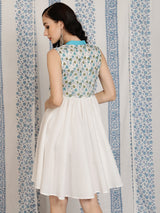 White & Blue Hand Block Print Short Dress - Elganza