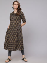 Olive Printed Button Down Kurta - Elganza