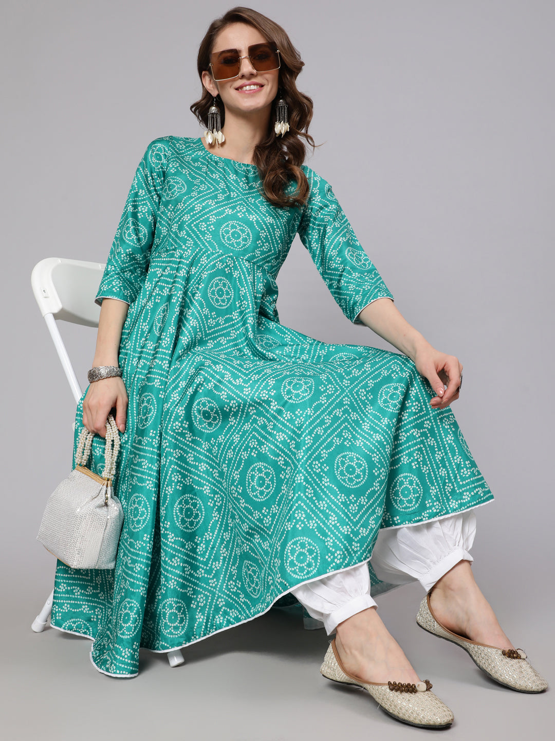 Green Bandhani Print Flared Anarkali - Elganza