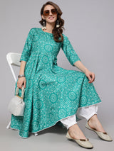 Green Bandhani Print Flared Anarkali - Elganza