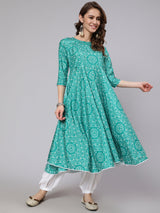 Green Bandhani Print Flared Anarkali - Elganza