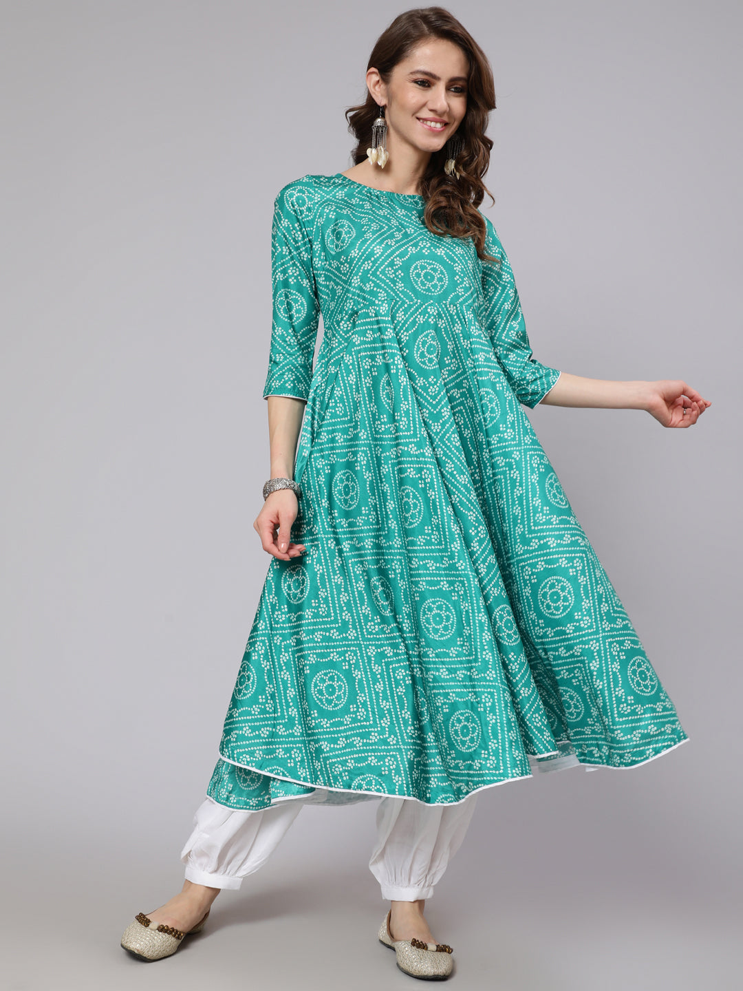 Green Bandhani Print Flared Anarkali - Elganza