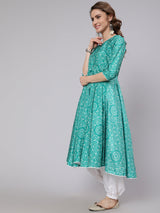 Green Bandhani Print Flared Anarkali - Elganza
