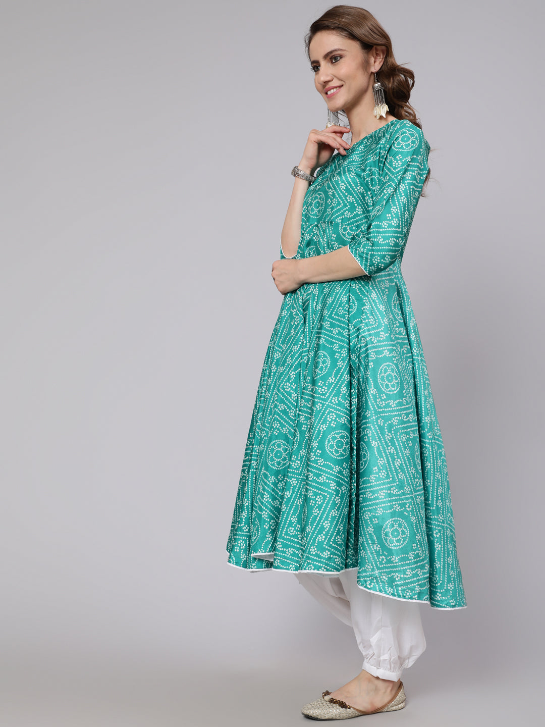 Green Bandhani Print Flared Anarkali - Elganza