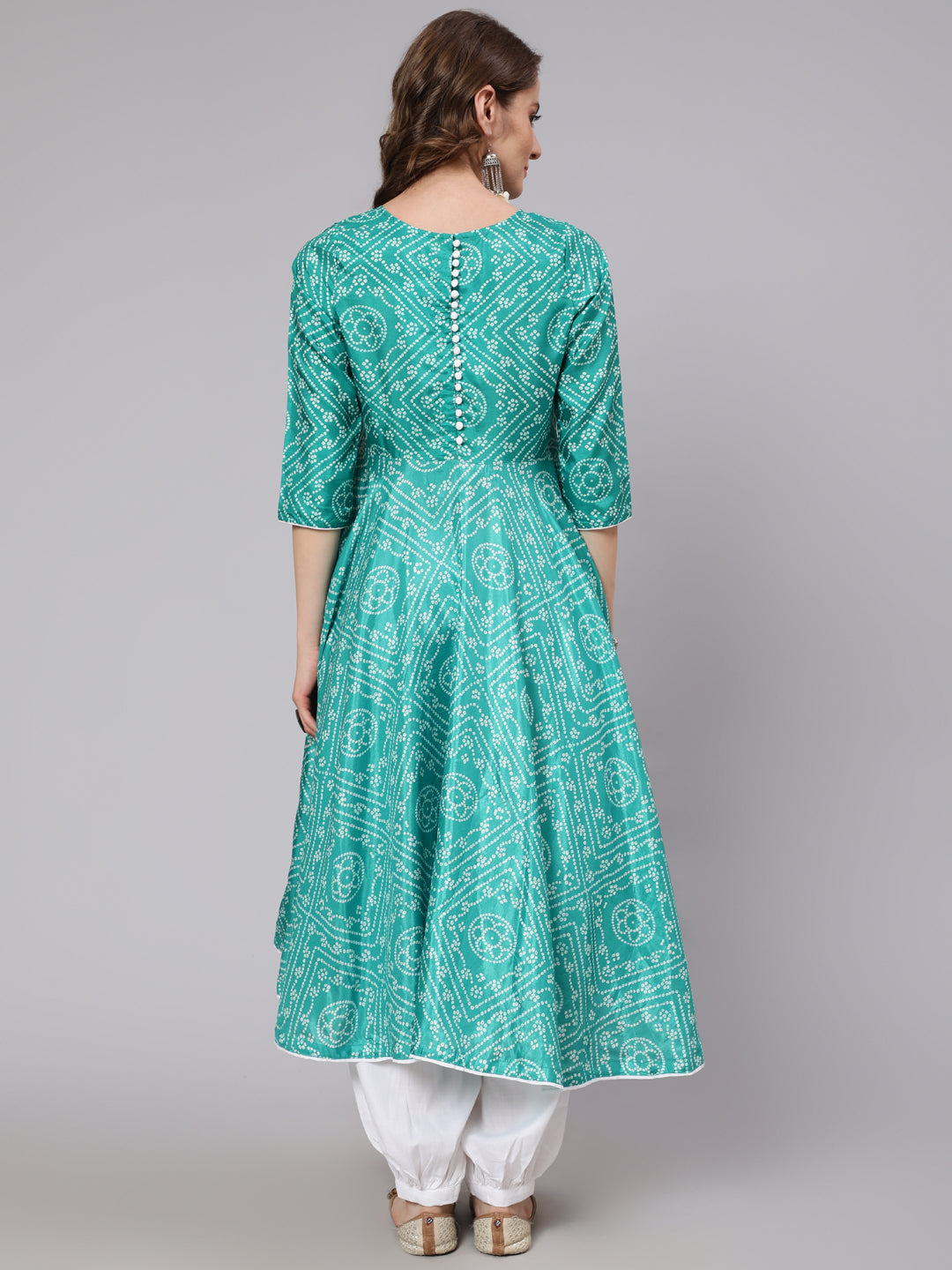 Green Bandhani Print Flared Anarkali - Elganza