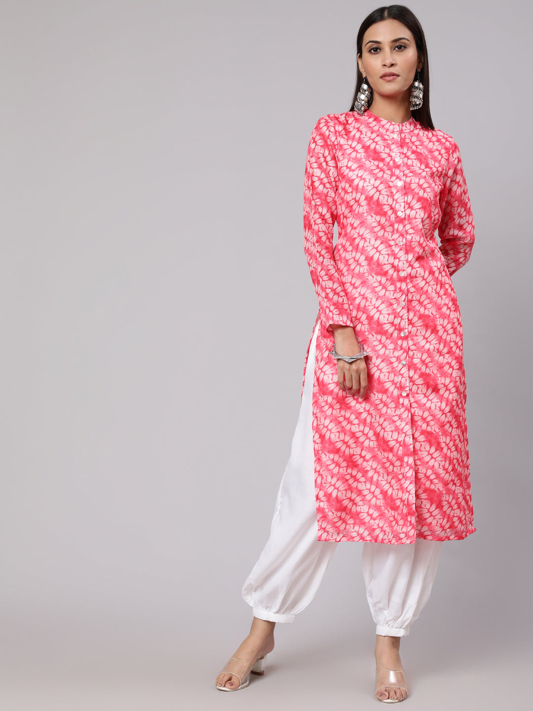 Pink & White Printed Button Down Kurta - Elganza