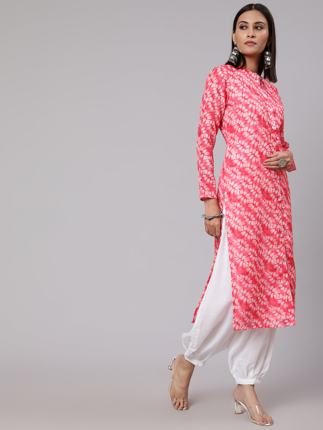 Pink & White Printed Button Down Kurta - Elganza
