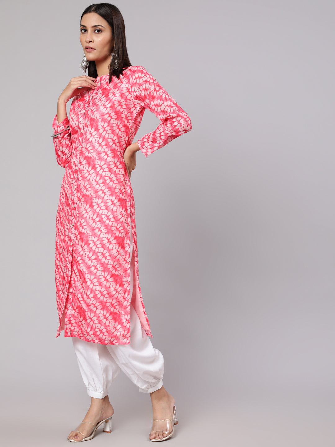 Pink & White Printed Button Down Kurta - Elganza