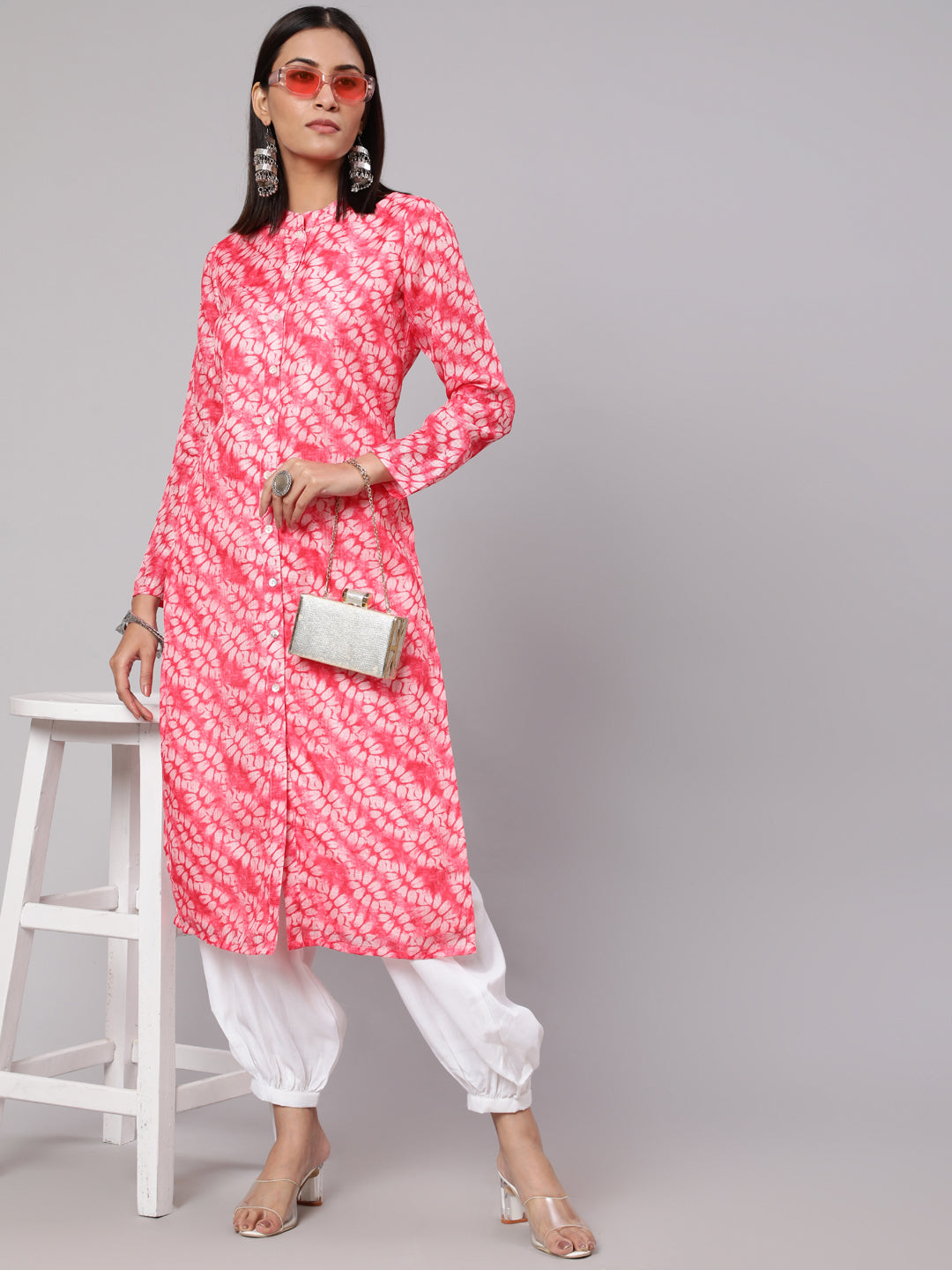Pink & White Printed Button Down Kurta - Elganza
