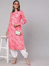 Pink & White Printed Button Down Kurta - Elganza