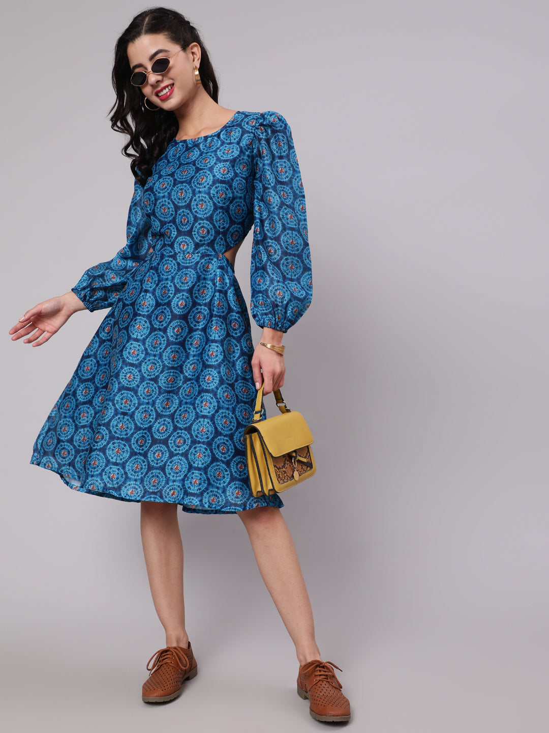 Royal Blue Printed Cut-Out Skater Dress - Elganza