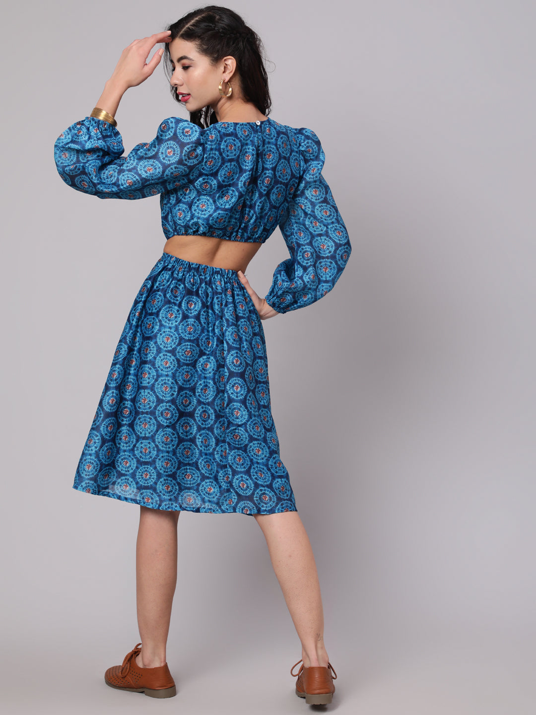 Royal Blue Printed Cut-Out Skater Dress - Elganza