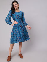 Royal Blue Printed Cut-Out Skater Dress - Elganza
