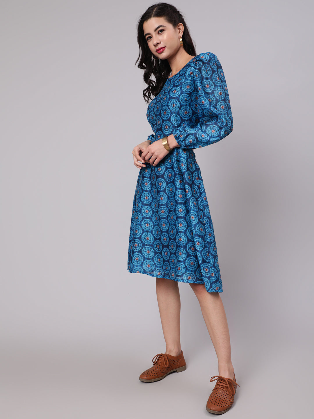 Royal Blue Printed Cut-Out Skater Dress - Elganza