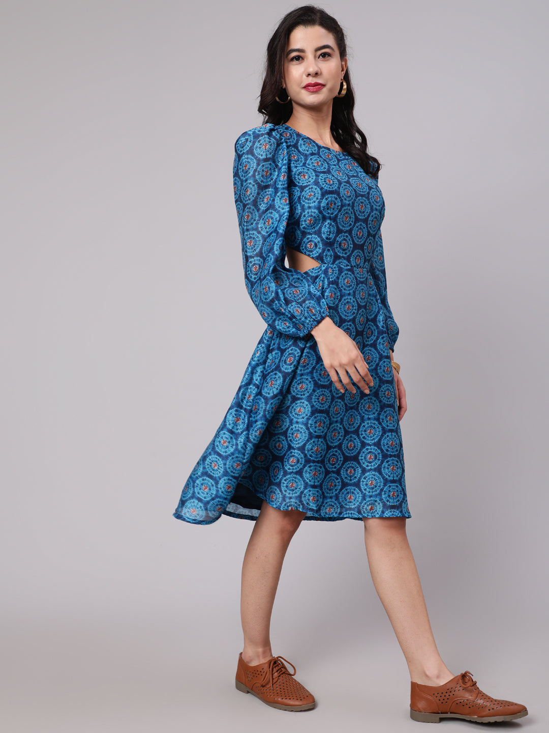 Royal Blue Printed Cut-Out Skater Dress - Elganza