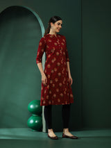 Maroon Floral Print Button Down Kurta - Elganza