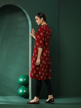Maroon Floral Print Button Down Kurta - Elganza