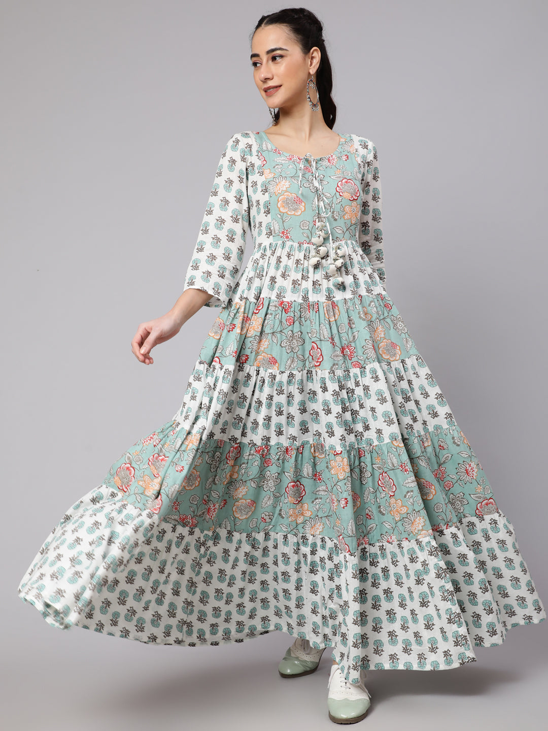 White & Green Floral Print Tiered Maxi Dress - Elganza