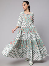 White & Green Floral Print Tiered Maxi Dress - Elganza
