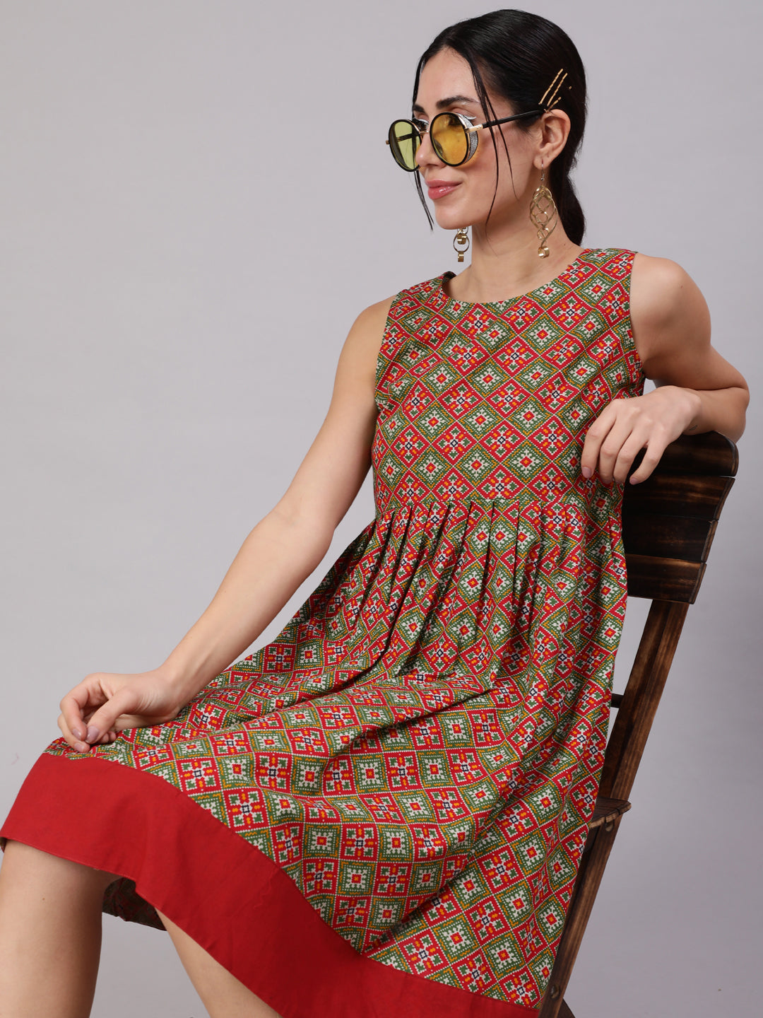 Red & Green Patola Print Pleated Midi Dress - Elganza