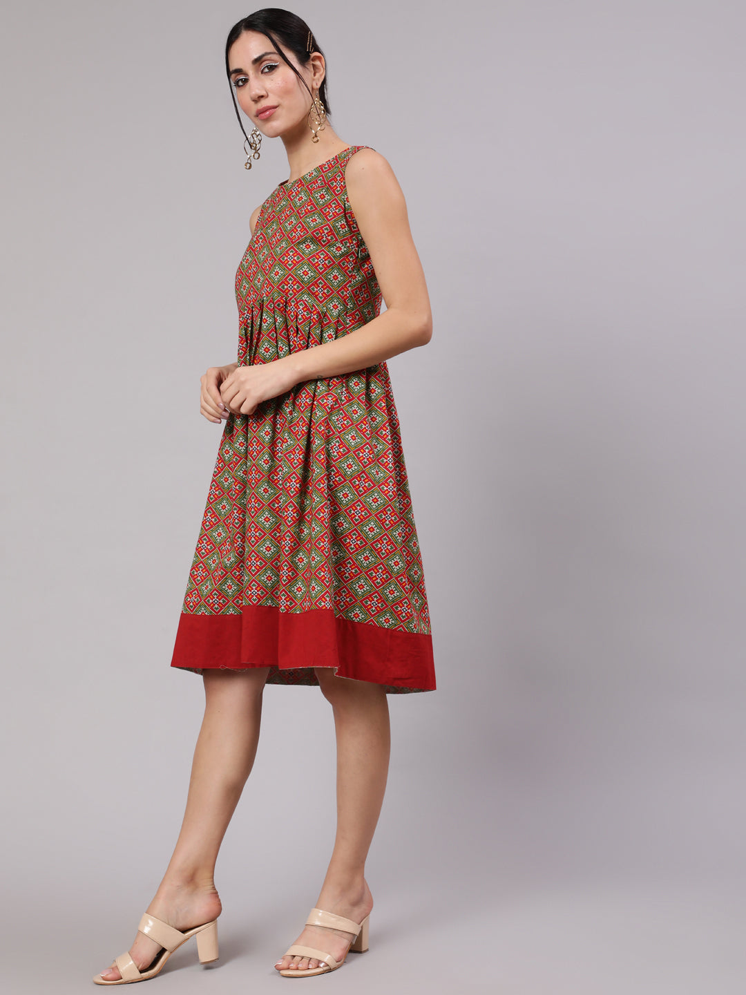 Red & Green Patola Print Pleated Midi Dress - Elganza