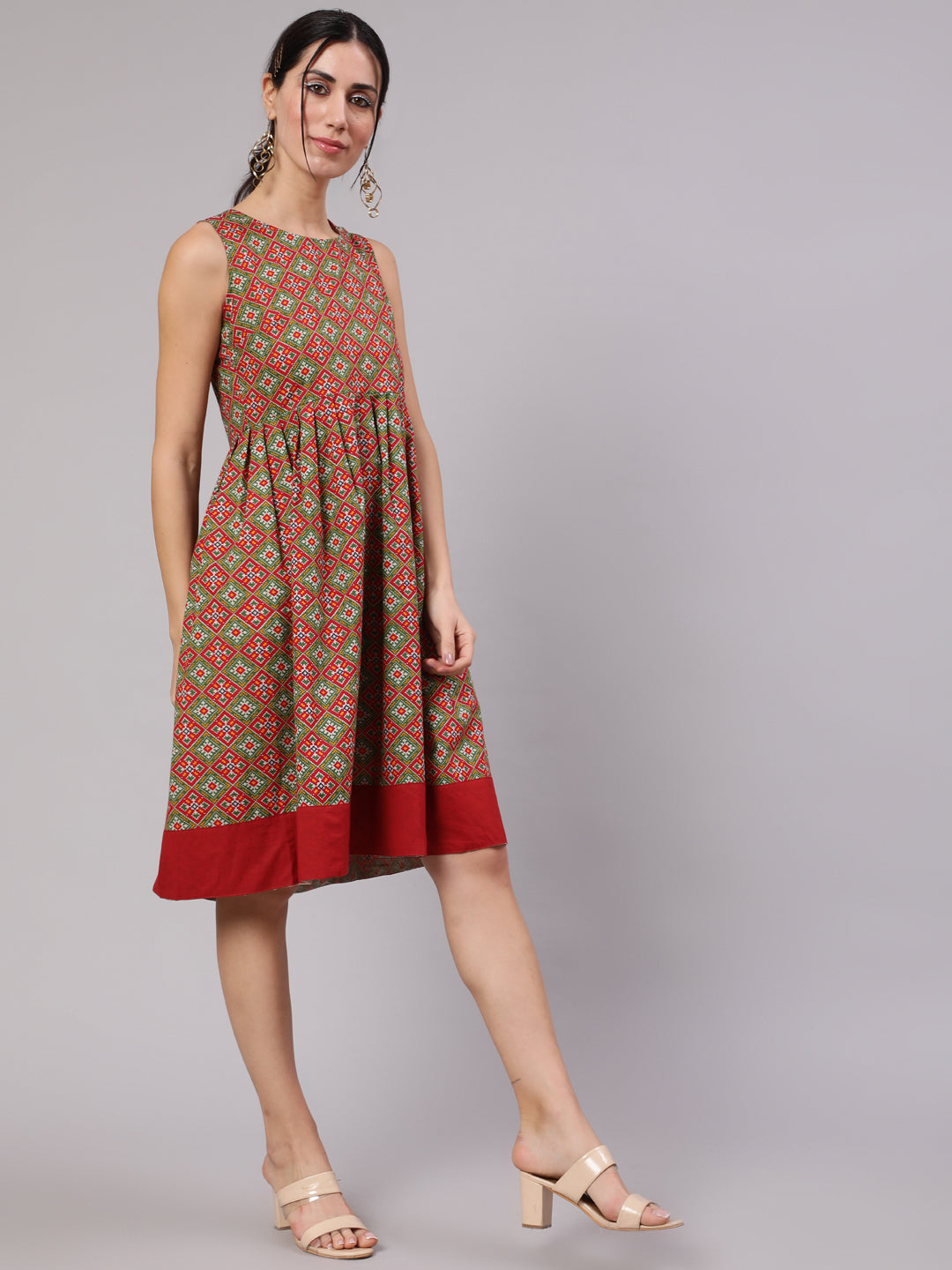 Red & Green Patola Print Pleated Midi Dress - Elganza