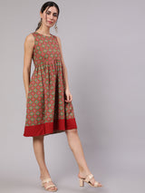 Red & Green Patola Print Pleated Midi Dress - Elganza