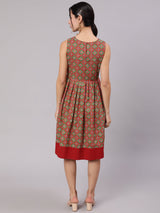 Red & Green Patola Print Pleated Midi Dress - Elganza