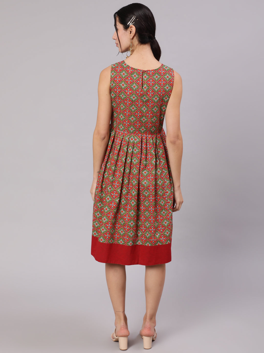 Red & Green Patola Print Pleated Midi Dress - Elganza