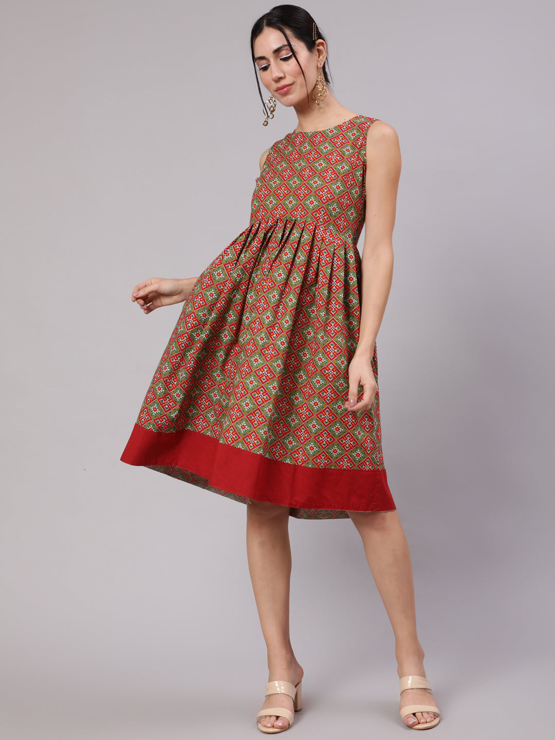 Red & Green Patola Print Pleated Midi Dress - Elganza