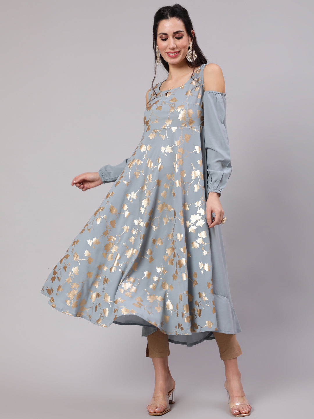 Grey Gold Print Flared Anarkali - Elganza