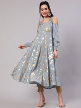 Grey Gold Print Flared Anarkali - Elganza