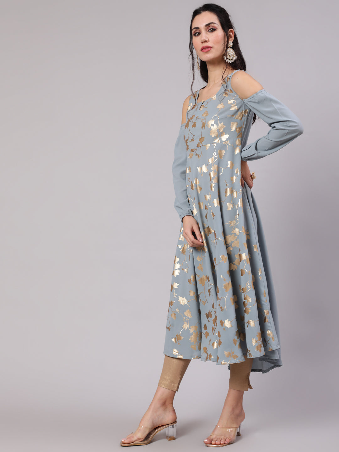 Grey Gold Print Flared Anarkali - Elganza