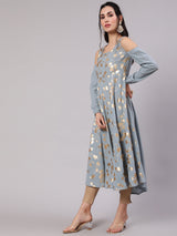 Grey Gold Print Flared Anarkali - Elganza