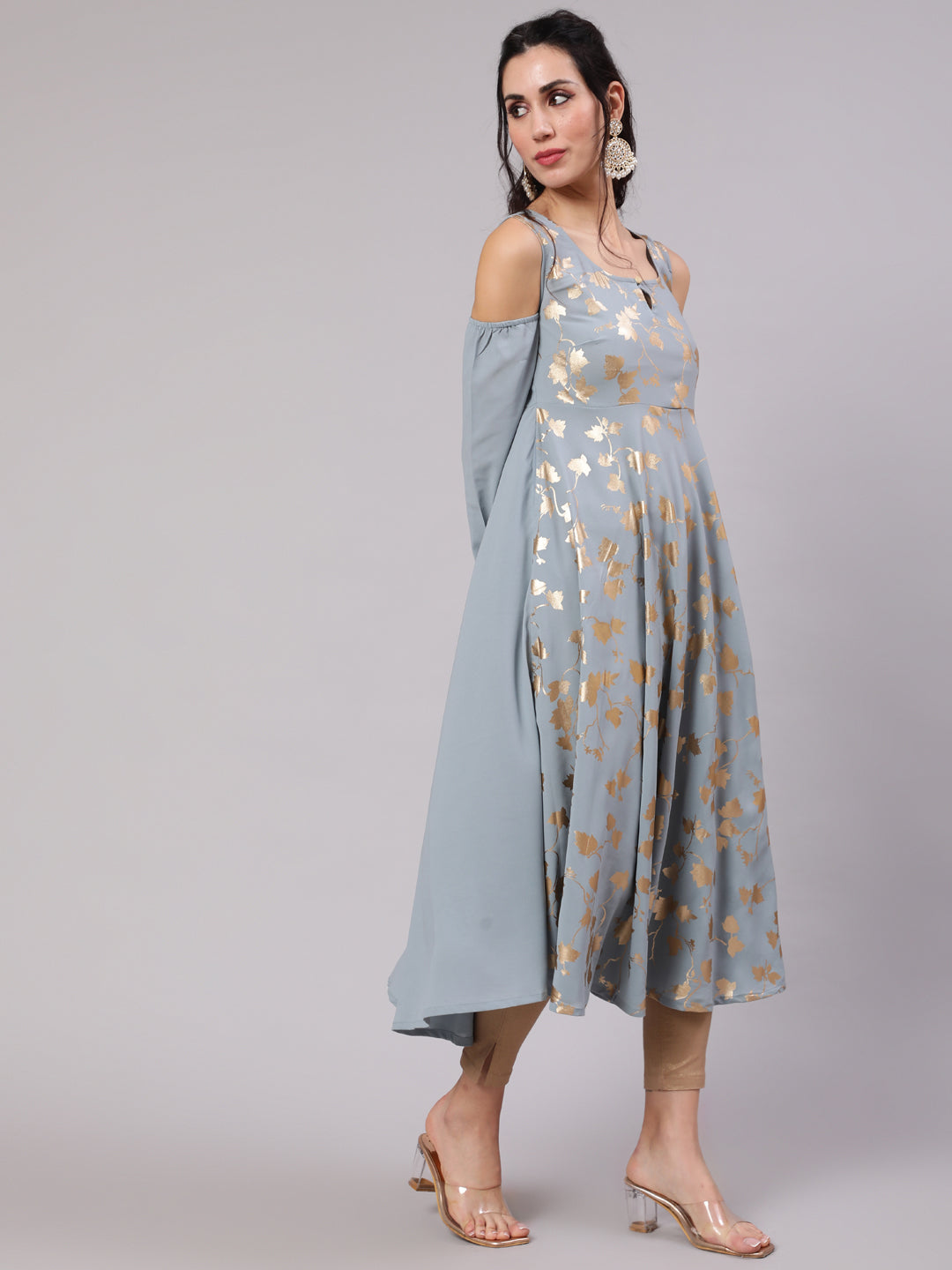 Grey Gold Print Flared Anarkali - Elganza